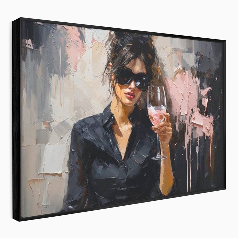 Tablou canvas cu tablou canvas cu femeie si pahar de vin, in rama de aluminiu negru